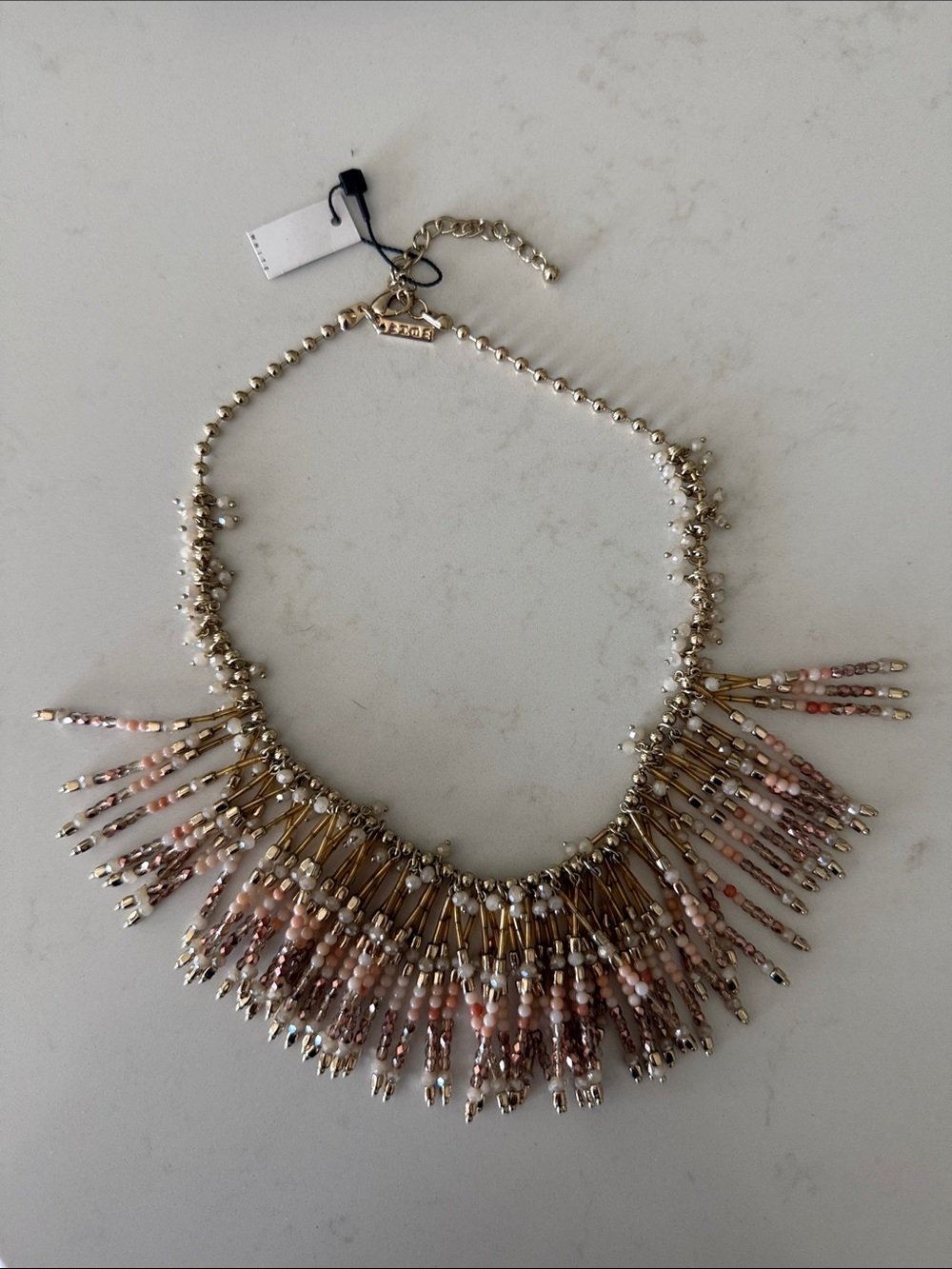 White House Black Market Gold Tassel Fringe Necklace with Pink Beads NWT